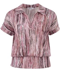 Enjoy dames poloshirt met roze bruine print en brede elastische boord aan de onderkant