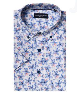 Wit Chris Cayne heren overhemd met korte mouwen en een vrolijke blauwe bloemenprint