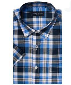 Blauw geruit Chris Cayne heren overhemd met korte mouwen, button-down kraag en borstzak