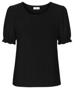 Zwart MXO dames shirt met opengewerkt broderie patroon en korte pofmouwen