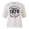 Witte Enjoy dames top met donkerblauwe 1978 print, halve mouwen en elastische zoom