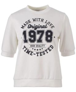 Witte Enjoy dames top met donkerblauwe 1978 print, halve mouwen en elastische zoom