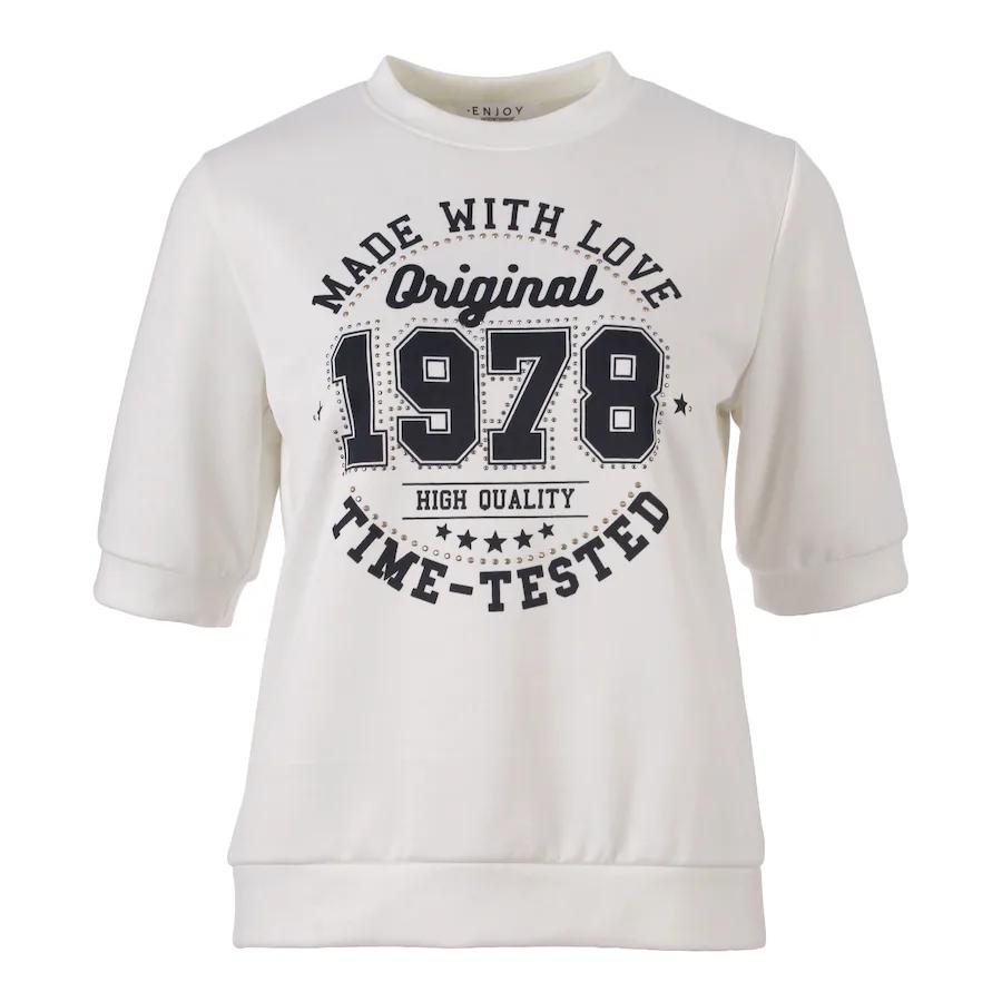Witte Enjoy dames top met donkerblauwe 1978 print, halve mouwen en elastische zoom