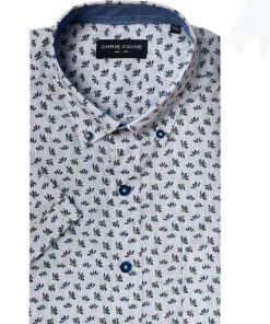 Chris Cayne heren overhemd met korte mouwen, wit met subtiel blauw geometrisch patroon, 100% katoen