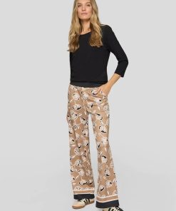 Rabe damesbroek met camel bloemendessin, wijde pijpen en zwarte elastische tailleband