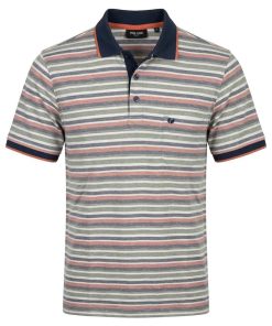 Fijn gestreept Pre End heren poloshirt in oranje, grijs en navy blauw met borstzakje