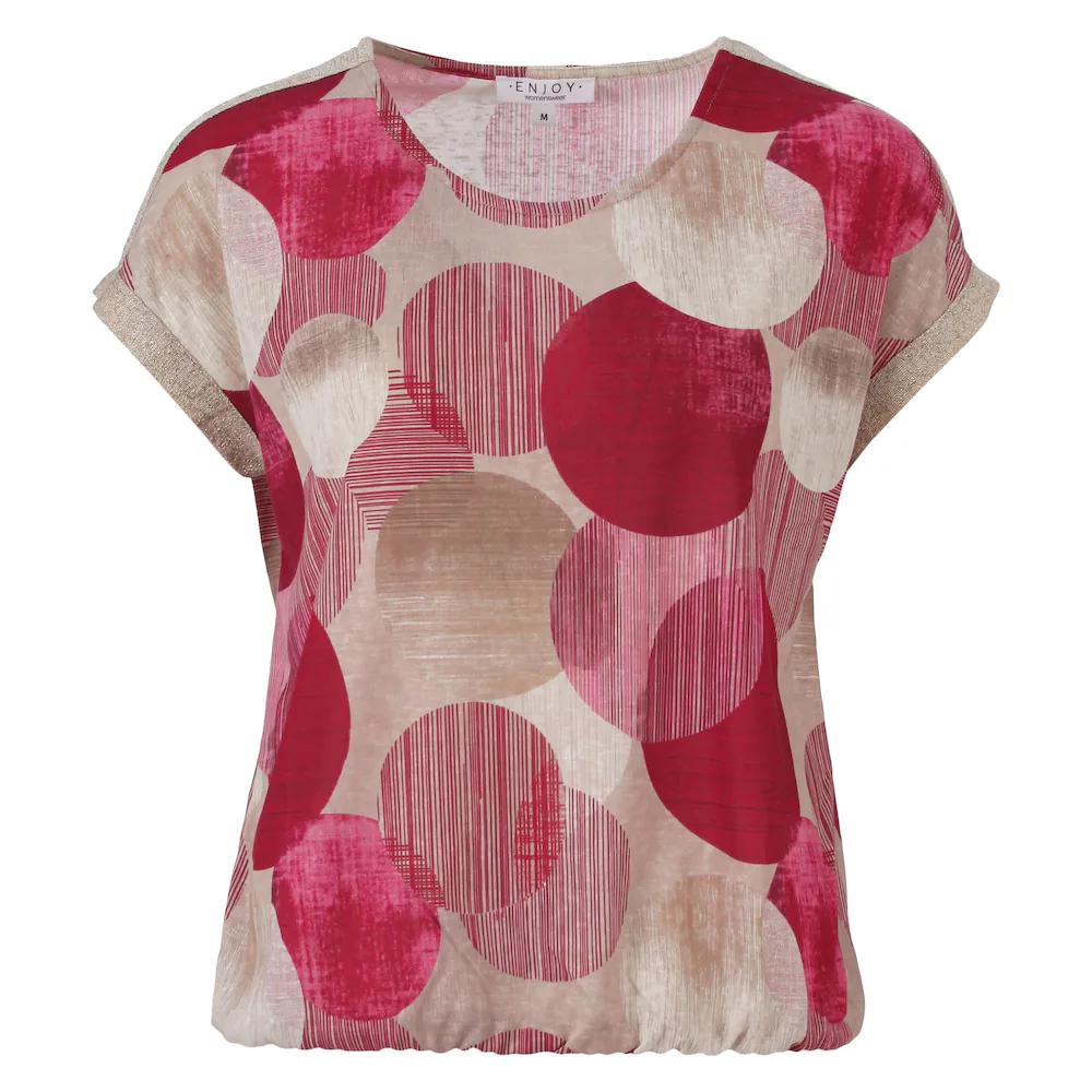 Rode Enjoy dames blouse met korte aangeknipte mouwen, ronde hals en een all-over cirkelprint