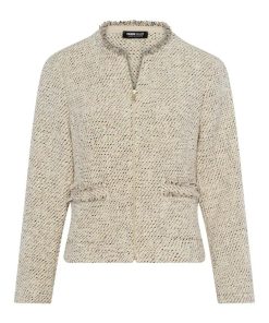 Frank Walder dames blazer gemeleerd beige marineblauw met rafeldetails en rijke structuur