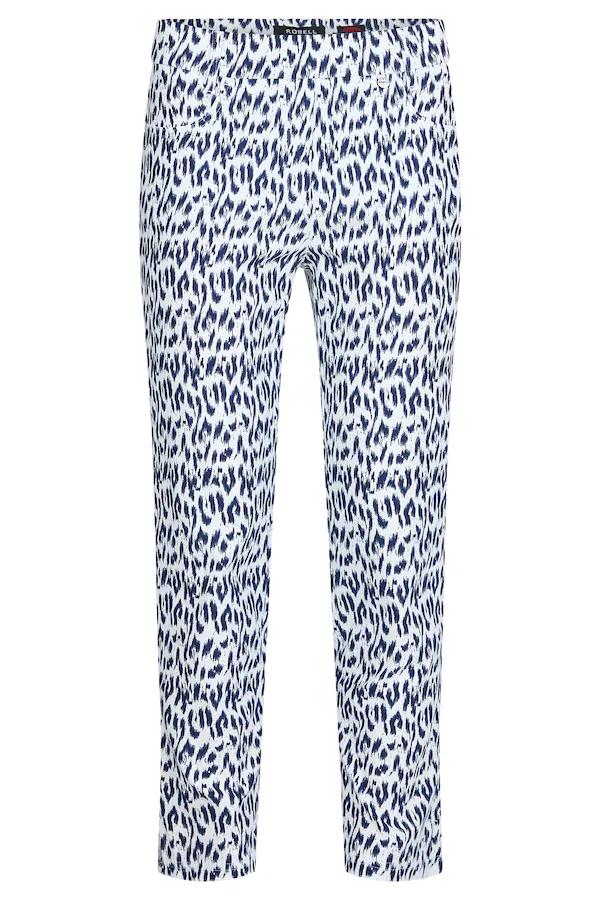 Blauw-wit geprinte Robell Marie stretchbroek met extra ruimte bij de benen en knieën