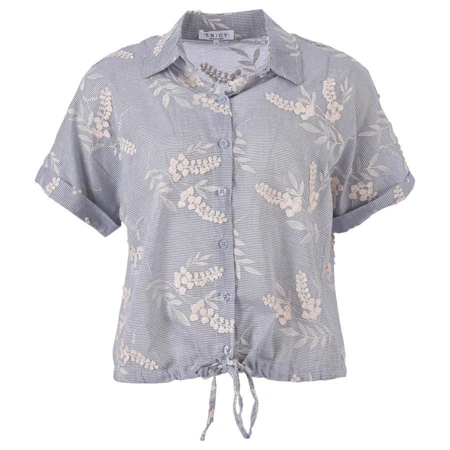 Blauwe gestreepte damesblouse van Enjoy met korte mouwen, witte bloemenborduring en een knoopdetail aan de onderzijde.