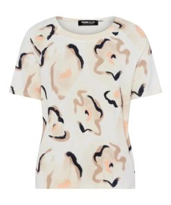 Frank Walder dames shirt met korte mouwen en beige marineblauw dessin van zachte viscose