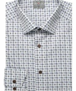 Licht herenoverhemd van Marvelis met een fijn blauw en grijs geometrisch patroon, 100% strijkvrij katoen met borstzak.