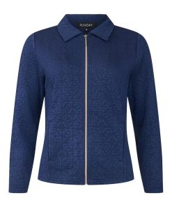 Donkerblauw Sunday dames jasje met kraag, ritssluiting en blokvormig reliëfpatroon