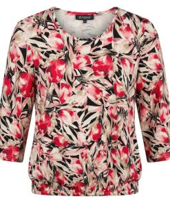 Sunday dames blouson met roze en beige bloemenprint, 3/4 mouwen en elastische onderkant.