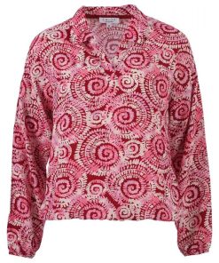 Enjoy dames poloshirt met rode en roze spiraalprint en elastische boord