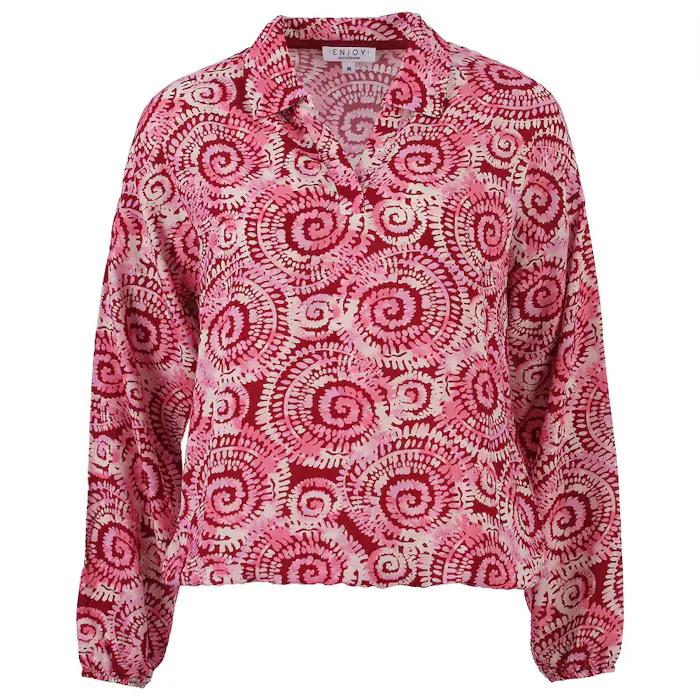 Enjoy dames poloshirt met rode en roze spiraalprint en elastische boord