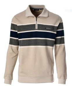 Beige heren sweater van Chris Cayne met marineblauwe en grijze strepen, een ritskraag en handig borstzakje.
