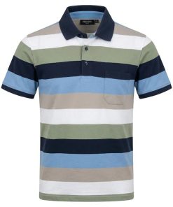 Blauw gestreept Pre End heren poloshirt met borstzakje en navy blauwe kraag