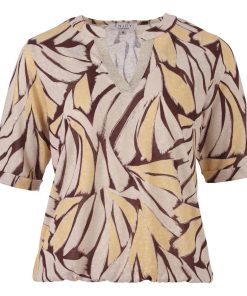 Enjoy dames blouson met gele en beige grafische print en elastische onderzijde
