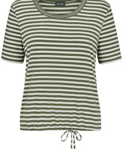 Thyme groen gestreept Marinello t-shirt voor dames met ronde hals en strikdetail aan de onderkant