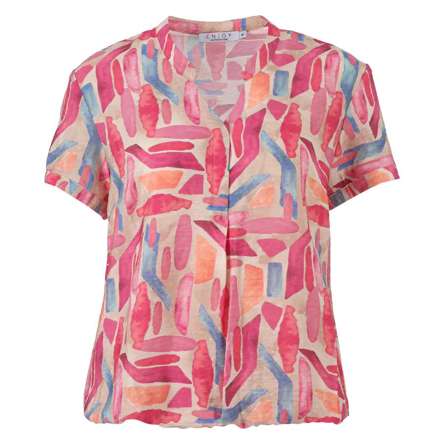 Roze dames blouson van Enjoy met een kleurrijke grafische print, V-hals en korte mouwen