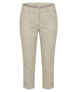 Sensia dames broek model Pita beige zandkleur met linnenlook textuur en bengaline stretch