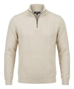 Boston Brothers heren trui met rits kraag in zand beige kleur, grof gebreide structuur