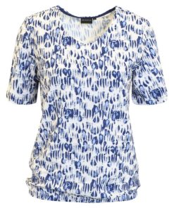 Brandtex dames shirt blauw wit korte mouwen 100% katoen met grafisch dessin