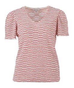 Enjoy dames shirt rood wit horizontaal gestreept met 3/4 mouwen en ronde hals