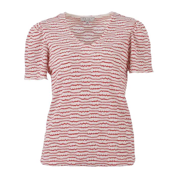 Enjoy dames shirt rood wit horizontaal gestreept met 3/4 mouwen en ronde hals
