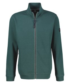 Lerros heren sweatvest in petrol groen met ritszakken en fijngebreide microstructuur