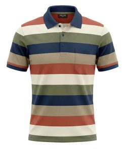 Pre End gestreept heren poloshirt in groen, blauw en terra met borstzakje