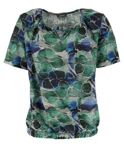Leona per Donna dames blouson met korte mouwen, abstracte groen-blauwe golfprint en elastische zoom