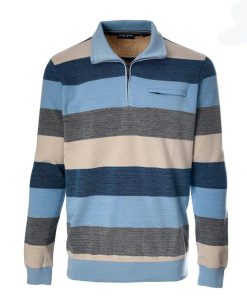 Chris Cayne heren sweater met ritskraag en horizontaal streeppatroon in blauw, grijs en beige