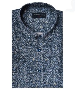 Marineblauw Chris Cayne heren overhemd met korte mouwen en een fijn wit-blauw geometrisch dessin