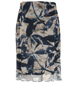 Leona per Donna dames rok in navy blauw en beige met abstracte bladprint in dubbellaags mesh