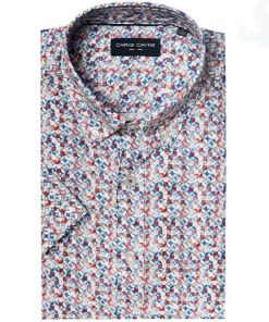 Wit Chris Cayne heren overhemd met korte mouwen en een kleurrijk geometrisch cirkelpatroon in blauw en rood