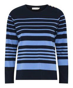 Donkerblauw en lichtblauw gestreept dames shirt van Micha met lange mouwen en goudkleurige sierknopen op de schouder.