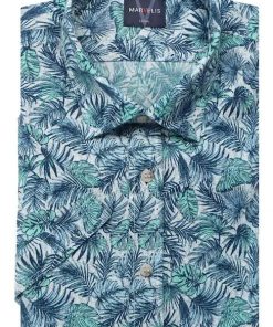 Groen gebloemd herenoverhemd van Marvelis met korte mouwen, gemaakt van 100% strijkvrij katoen met borstzak.