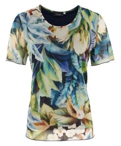 Leona per Donna dubbellaags dames shirt met navy viscose ondershirt en groen-blauwe bloemenprint op mesh