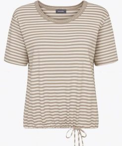 Beige gestreept Marinello t-shirt voor dames met ronde hals en verstelbaar strikkoord aan de onderzijde