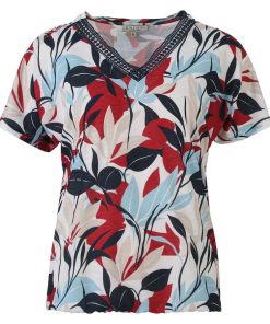 Enjoy dames blouson met kleurrijke bloemenprint rood blauw en V-hals met gehaakt crochet detail