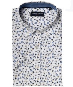 Wit Chris Cayne heren overhemd met korte mouwen en een subtiel blauw-beige bloemenpatroon
