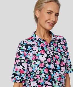 Rabe dames poloshirt met korte mouwen en blauwe bloemenprint van 100 procent katoen