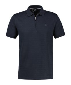 Donkerblauw Lerros heren poloshirt met ritssluiting en fijne wafelstructuur in de stof