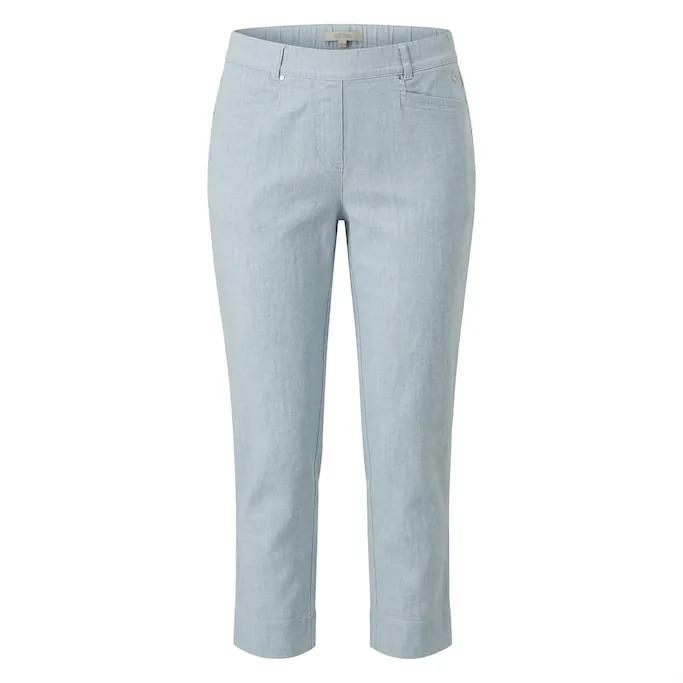 Sensia dames broek model Pita lichtblauw met linnenlook textuur en bengaline stretch
