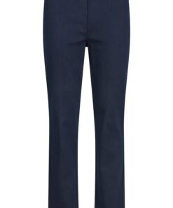 Donkerblauwe Robell Marie jeans voor dames met rechte pijpen, elastische tailleband en kleine zijsplit onderaan.