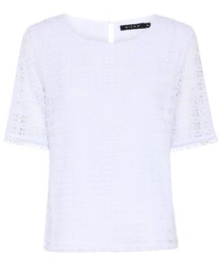 Wit Micha dames shirt met all-over broderie, korte mouwen en viscose voering