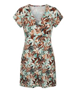 Marinello dames jurk met tropisch bloemendessin in mintgroen en bruin, korte mouwen en overslag V-hals.