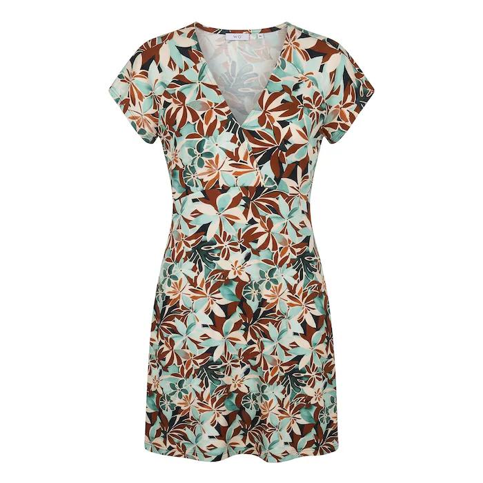 Marinello dames jurk met tropisch bloemendessin in mintgroen en bruin, korte mouwen en overslag V-hals.